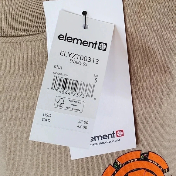 NWT Element T-Shirt 100%‎ Organic Cotton Relax Fit Men’s Small - Picture 6 of 10